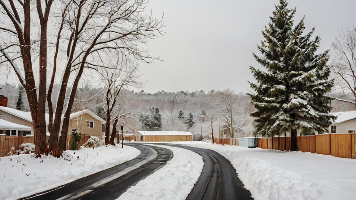 Snow on a road with trees outside